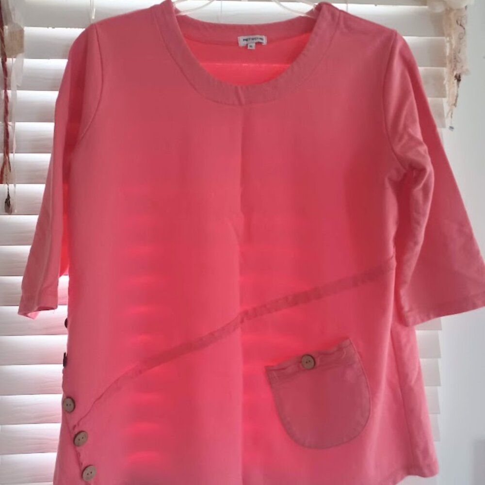 Women's Coral Pink Asymmetrical Cotton Top XL Petsche Cottagecore Lagenlook